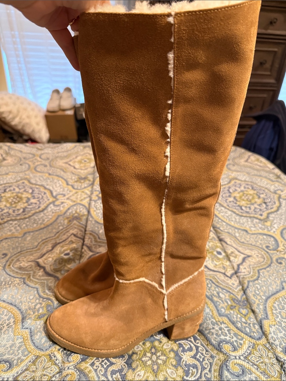UGG Women's Tall Chestnut Suede Shearling-Lined Heeled Boots